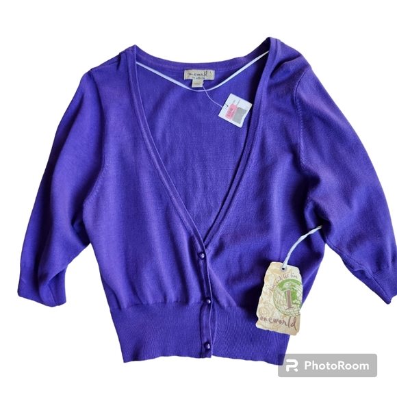 One World, NWT, Live & Let Live Purple Button Crop Cardigan L - Picture 2 of 11